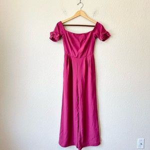 GAL MEETS GLAM Off Shoulder Meredith Jumpsuit in Magenta Pink Bow
